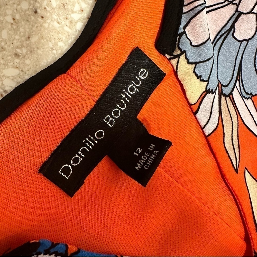 Daniello Boutique Shift Knee Length Floral Vibrant Dress Orange 12 Large VGUC - Picture 2 of 16